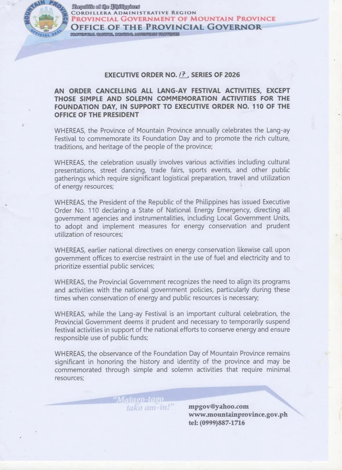 Mountain Province nixes Lang-ay Festival due to nat'l energy emergency