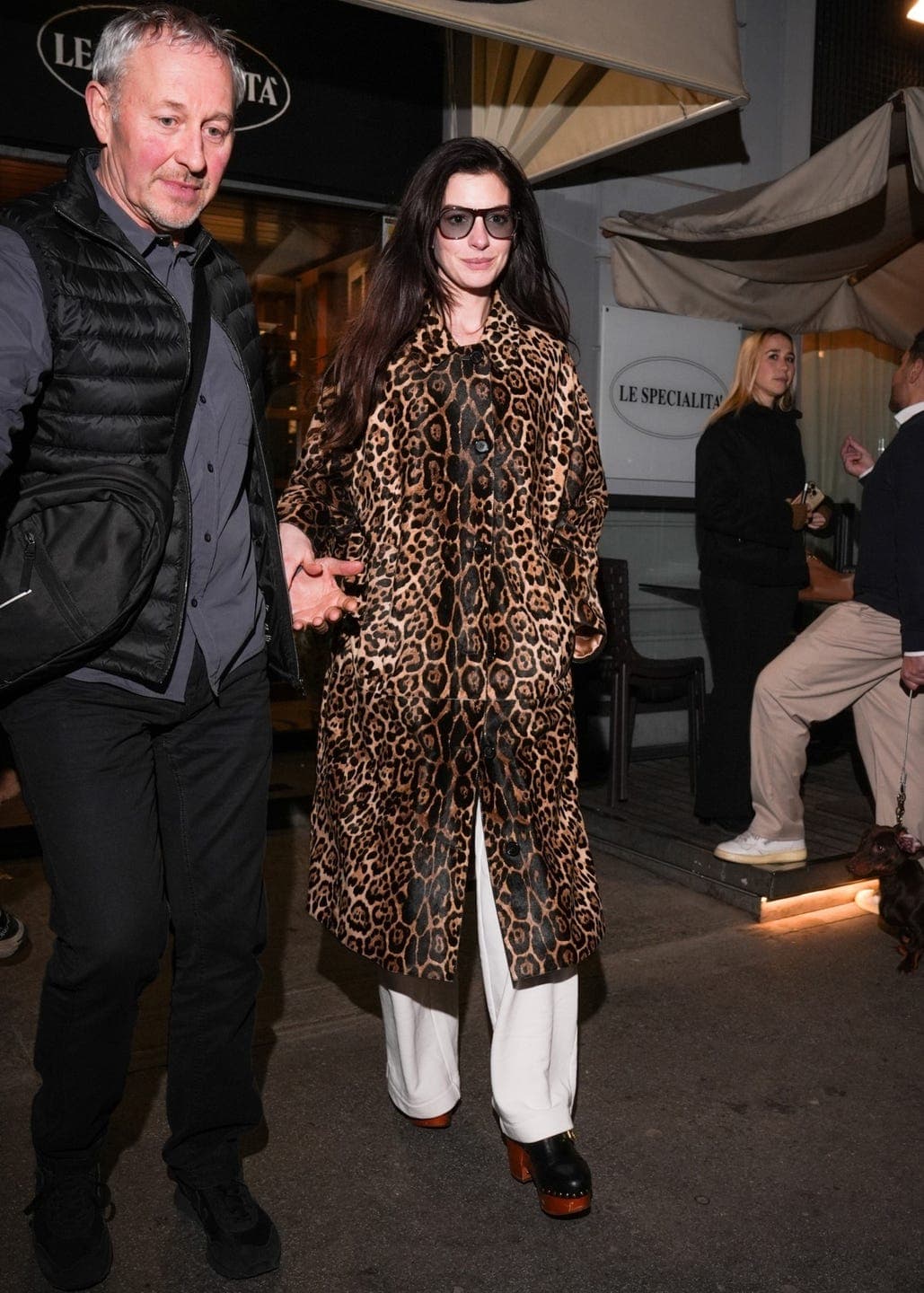 Anne Hathaway Is Fantastic in a Leopard-Print Car Coat for a Night Out in Milan