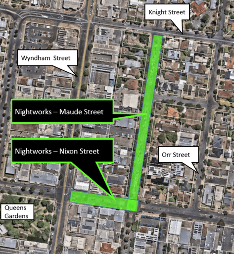 Asphalt renewal nightworks in Maude and Nixon Streets, Shepparton