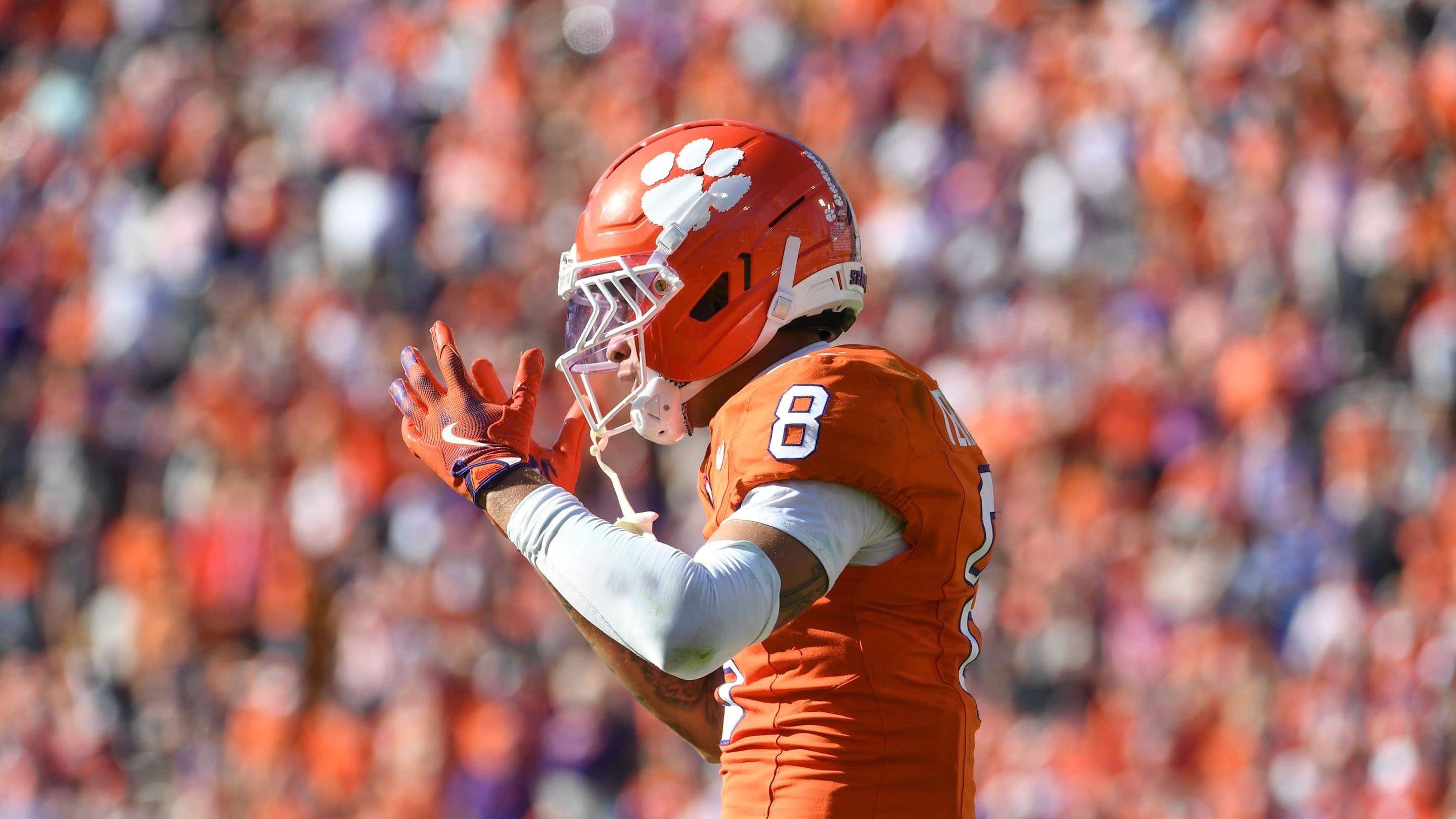 Clemson Tigers cornerback Avieon Terrell (8) reacts to a pass interference call Saturday, Nov. 1, 2025, during the NCAA football game against the Duke Blue Devils at Memorial Stadium in Clemson, South Carolina.